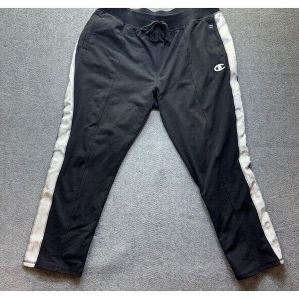Champion Black Spellout Logo Name Stripe Athletic Pants Men XL 34"-40" Vintage
